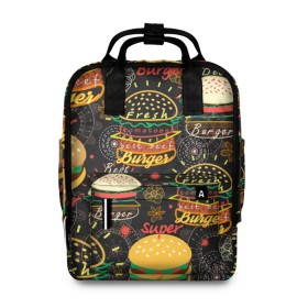Женский рюкзак 3D с принтом Гамбургеры в Санкт-Петербурге, 100% полиэстер | лямки с регулируемой длиной, сверху ручки, чтобы рюкзак нести как сумку. Основное отделение закрывается на молнию, как и внешний карман. Внутри два дополнительных кармана, один из которых закрывается на молнию. По бокам два дополнительных кармашка, куда поместится маленькая бутылочка
 | hamburgers | sandwic | булочка | бутерброды | быстрая | гамбургер | гамбургеры | геометрический | графика | еда | зелень | иллюстрация | картинка | кунжут | мода | мясо | надпись | орнамент | рисунок | свежий