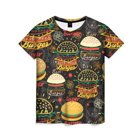 Женская футболка 3D с принтом Гамбургеры в Санкт-Петербурге, 100% полиэфир ( синтетическое хлопкоподобное полотно) | прямой крой, круглый вырез горловины, длина до линии бедер | hamburgers | sandwic | булочка | бутерброды | быстрая | гамбургер | гамбургеры | геометрический | графика | еда | зелень | иллюстрация | картинка | кунжут | мода | мясо | надпись | орнамент | рисунок | свежий