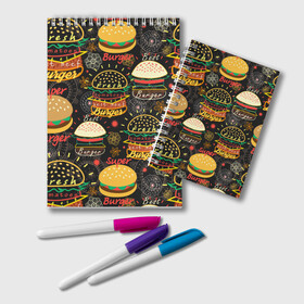 Блокнот с принтом Гамбургеры в Санкт-Петербурге, 100% бумага | 48 листов, плотность листов — 60 г/м2, плотность картонной обложки — 250 г/м2. Листы скреплены удобной пружинной спиралью. Цвет линий — светло-серый
 | Тематика изображения на принте: hamburgers | sandwic | булочка | бутерброды | быстрая | гамбургер | гамбургеры | геометрический | графика | еда | зелень | иллюстрация | картинка | кунжут | мода | мясо | надпись | орнамент | рисунок | свежий