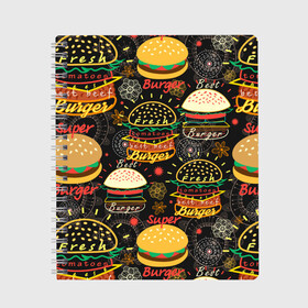 Тетрадь с принтом Гамбургеры в Санкт-Петербурге, 100% бумага | 48 листов, плотность листов — 60 г/м2, плотность картонной обложки — 250 г/м2. Листы скреплены сбоку удобной пружинной спиралью. Уголки страниц и обложки скругленные. Цвет линий — светло-серый
 | Тематика изображения на принте: hamburgers | sandwic | булочка | бутерброды | быстрая | гамбургер | гамбургеры | геометрический | графика | еда | зелень | иллюстрация | картинка | кунжут | мода | мясо | надпись | орнамент | рисунок | свежий
