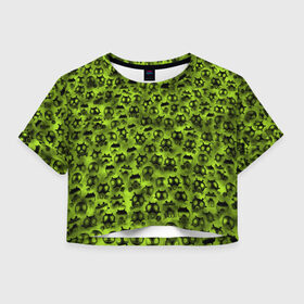 Женская футболка Cropp-top с принтом Газовая атака в Санкт-Петербурге, 100% полиэстер | круглая горловина, длина футболки до линии талии, рукава с отворотами | газ | зеленый | маска | паттрен | противогаз | радиация | распиратор | толпа | химия