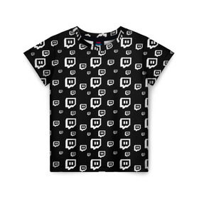 Детская футболка 3D с принтом Twitch в Санкт-Петербурге, 100% гипоаллергенный полиэфир | прямой крой, круглый вырез горловины, длина до линии бедер, чуть спущенное плечо, ткань немного тянется | black and white | game | gamer | logo | pattern | twitch | twitties | игры | логотип | паттерн | стрим | твитч | текстура | черно белый