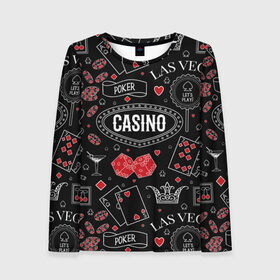 Женский лонгслив 3D с принтом Казино в Санкт-Петербурге, 100% полиэстер | длинные рукава, круглый вырез горловины, полуприлегающий силуэт | casi | азарт | америка | белый | город | графика | давай | игра | играть | игрок | иллюстрация | искусство | казино | картинка | карты | корона | красный | кубики | лас вегас | масти | мода | орнамент | покер