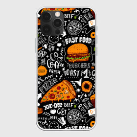 Чехол для iPhone 12 Pro с принтом Fast food в Санкт-Петербурге, силикон | область печати: задняя сторона чехла, без боковых панелей | Тематика изображения на принте: fast | food | hambu | булочка | бутерброды | быстрое | гамбургеры | графика | еда | зелень | иллюстрация | картинка | кунжут | мода | мясо | надпись | орнамент | питание | пицца | пончики | рисунок | свежий
