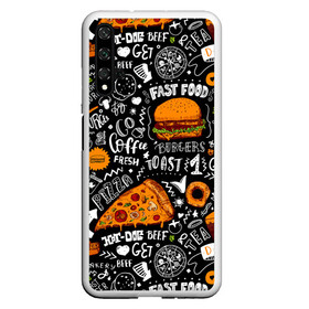Чехол для Honor 20 с принтом Fast food в Санкт-Петербурге, Силикон | Область печати: задняя сторона чехла, без боковых панелей | fast | food | hambu | булочка | бутерброды | быстрое | гамбургеры | графика | еда | зелень | иллюстрация | картинка | кунжут | мода | мясо | надпись | орнамент | питание | пицца | пончики | рисунок | свежий
