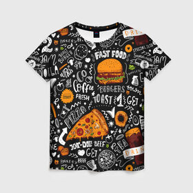 Женская футболка 3D с принтом Fast food в Санкт-Петербурге, 100% полиэфир ( синтетическое хлопкоподобное полотно) | прямой крой, круглый вырез горловины, длина до линии бедер | fast | food | hambu | булочка | бутерброды | быстрое | гамбургеры | графика | еда | зелень | иллюстрация | картинка | кунжут | мода | мясо | надпись | орнамент | питание | пицца | пончики | рисунок | свежий