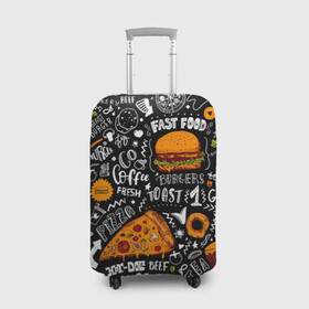 Чехол для чемодана 3D с принтом Fast food в Санкт-Петербурге, 86% полиэфир, 14% спандекс | двустороннее нанесение принта, прорези для ручек и колес | fast | food | hambu | булочка | бутерброды | быстрое | гамбургеры | графика | еда | зелень | иллюстрация | картинка | кунжут | мода | мясо | надпись | орнамент | питание | пицца | пончики | рисунок | свежий