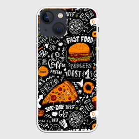 Чехол для iPhone 13 mini с принтом Fast food в Санкт-Петербурге,  |  | fast | food | hambu | булочка | бутерброды | быстрое | гамбургеры | графика | еда | зелень | иллюстрация | картинка | кунжут | мода | мясо | надпись | орнамент | питание | пицца | пончики | рисунок | свежий