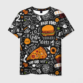 Мужская футболка 3D с принтом Fast food в Санкт-Петербурге, 100% полиэфир | прямой крой, круглый вырез горловины, длина до линии бедер | fast | food | hambu | булочка | бутерброды | быстрое | гамбургеры | графика | еда | зелень | иллюстрация | картинка | кунжут | мода | мясо | надпись | орнамент | питание | пицца | пончики | рисунок | свежий