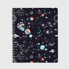 Тетрадь с принтом Космос в Санкт-Петербурге, 100% бумага | 48 листов, плотность листов — 60 г/м2, плотность картонной обложки — 250 г/м2. Листы скреплены сбоку удобной пружинной спиралью. Уголки страниц и обложки скругленные. Цвет линий — светло-серый
 | comets | infinity | planets | sky | sp | space | stars | universe | бесконечность | вселенная | галактики | графика | звезды | иллюстрация | картинка | кометы | космос | мода | небо | ночь | планеты | рисунок | созвездия | солнце