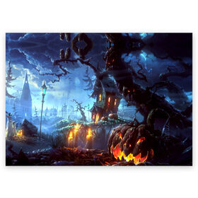 Поздравительная открытка с принтом Хэллоуин в Санкт-Петербурге, 100% бумага | плотность бумаги 280 г/м2, матовая, на обратной стороне линовка и место для марки
 | candles | d | fear | forest | halloween | horror | hut | night | pumpkin | ворота | глаза | железные | забор | изба | иллюстрация | картинка | красные | лес | мода | молния | ночь | облака | праздник | рисунок | свечи | серый | совы