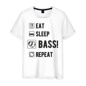 Мужская футболка хлопок с принтом Eat, sleep, bass, repeat в Санкт-Петербурге, 100% хлопок | прямой крой, круглый вырез горловины, длина до линии бедер, слегка спущенное плечо. | автозвук | басы | музыка | сабвуфер