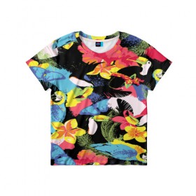 Детская футболка 3D с принтом ЦВЕТНАЯ ФУТБОЛКА в Санкт-Петербурге, 100% гипоаллергенный полиэфир | прямой крой, круглый вырез горловины, длина до линии бедер, чуть спущенное плечо, ткань немного тянется | попугай | цветная | цветы