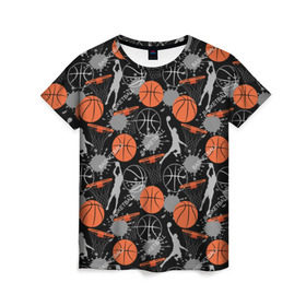 Женская футболка 3D с принтом Basketball в Санкт-Петербурге, 100% полиэфир ( синтетическое хлопкоподобное полотно) | прямой крой, круглый вырез горловины, длина до линии бедер | basket | basketball | баскетбол | баскетбольные | болельщик | бросок | брызги | графика | иллюстрация | капли | картинка | кляксы | кольцо | мода | мячи | надпись | прыжок | рисунок | сетка | сила | скорость