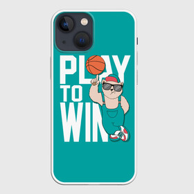 Чехол для iPhone 13 mini с принтом Play to win в Санкт-Петербурге,  |  | Тематика изображения на принте: баскетбол | баскетбольный | бейсболка | графика | животное | зелёный | играй | иллюстрация | картинка | комбинезон | кот | кроссовки | крутит | мода | мяч | на пальце | надпись | очки | победы | ради