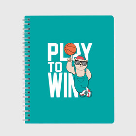 Тетрадь с принтом Play to win в Санкт-Петербурге, 100% бумага | 48 листов, плотность листов — 60 г/м2, плотность картонной обложки — 250 г/м2. Листы скреплены сбоку удобной пружинной спиралью. Уголки страниц и обложки скругленные. Цвет линий — светло-серый
 | Тематика изображения на принте: баскетбол | баскетбольный | бейсболка | графика | животное | зелёный | играй | иллюстрация | картинка | комбинезон | кот | кроссовки | крутит | мода | мяч | на пальце | надпись | очки | победы | ради