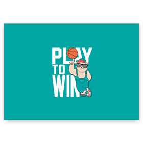 Поздравительная открытка с принтом Play to win в Санкт-Петербурге, 100% бумага | плотность бумаги 280 г/м2, матовая, на обратной стороне линовка и место для марки
 | баскетбол | баскетбольный | бейсболка | графика | животное | зелёный | играй | иллюстрация | картинка | комбинезон | кот | кроссовки | крутит | мода | мяч | на пальце | надпись | очки | победы | ради