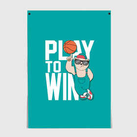 Постер с принтом Play to win в Санкт-Петербурге, 100% бумага
 | бумага, плотность 150 мг. Матовая, но за счет высокого коэффициента гладкости имеет небольшой блеск и дает на свету блики, но в отличии от глянцевой бумаги не покрыта лаком | Тематика изображения на принте: баскетбол | баскетбольный | бейсболка | графика | животное | зелёный | играй | иллюстрация | картинка | комбинезон | кот | кроссовки | крутит | мода | мяч | на пальце | надпись | очки | победы | ради