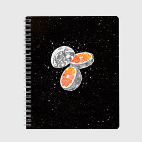 Тетрадь с принтом Луна в Санкт-Петербурге, 100% бумага | 48 листов, плотность листов — 60 г/м2, плотность картонной обложки — 250 г/м2. Листы скреплены сбоку удобной пружинной спиралью. Уголки страниц и обложки скругленные. Цвет линий — светло-серый
 | cosmic | galaxy | moon | orange | апельсин | в космосе | галактика | космос | луна | планета | планеты