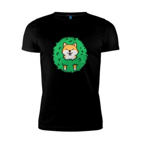 Мужская футболка премиум с принтом Bush Shiba Inu в Санкт-Петербурге, 92% хлопок, 8% лайкра | приталенный силуэт, круглый вырез ворота, длина до линии бедра, короткий рукав | акита | аниме | зелень | китай | куст | милый | пес | песик | собака | собачка | щенок | япония