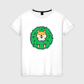 Женская футболка хлопок с принтом Bush Shiba Inu в Санкт-Петербурге, 100% хлопок | прямой крой, круглый вырез горловины, длина до линии бедер, слегка спущенное плечо | акита | аниме | зелень | китай | куст | милый | пес | песик | собака | собачка | щенок | япония