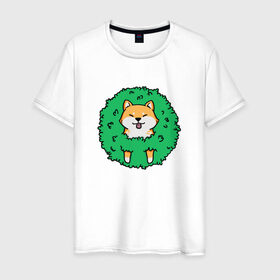 Мужская футболка хлопок с принтом Bush Shiba Inu в Санкт-Петербурге, 100% хлопок | прямой крой, круглый вырез горловины, длина до линии бедер, слегка спущенное плечо. | акита | аниме | зелень | китай | куст | милый | пес | песик | собака | собачка | щенок | япония