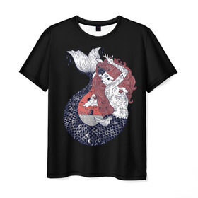 Мужская футболка 3D с принтом Русалка в Санкт-Петербурге, 100% полиэфир | прямой крой, круглый вырез горловины, длина до линии бедер | акула | взгляд | вода | волосы | глубина | девушка | длинные | женщина | звезды | корабль | кости | красная | маяк | море | небо | океан | роковая | русалки | рыба | рыжая | солнце | тату | татуировки | тонет