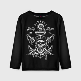 Детский лонгслив 3D с принтом Pirates в Санкт-Петербурге, 100% полиэстер | длинные рукава, круглый вырез горловины, полуприлегающий силуэт
 | b | pirates | robbers | sea | skull | бандана | веселый | графика | иллюстрация | канат | картинка | кости | логотип | мода | морские | надпись | оружие | пираты | платок | разбойники | рисунок | роджер | сабли | стиль