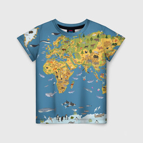Детская футболка 3D с принтом Карта мира в Санкт-Петербурге, 100% гипоаллергенный полиэфир | прямой крой, круглый вырез горловины, длина до линии бедер, чуть спущенное плечо, ткань немного тянется | азия | акулы | америка | антарктида | бизон | волк | европа | животные | зебра | кабан | карта | киты | лама | лев | лось | материки | медведь | мира | моржи | моря | океаны | пингвины | птицы | реки | рыбы
