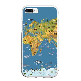 Чехол для iPhone 7Plus/8 Plus матовый с принтом Карта мира в Санкт-Петербурге, Силикон | Область печати: задняя сторона чехла, без боковых панелей | азия | акулы | америка | антарктида | бизон | волк | европа | животные | зебра | кабан | карта | киты | лама | лев | лось | материки | медведь | мира | моржи | моря | океаны | пингвины | птицы | реки | рыбы