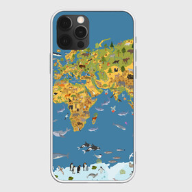 Чехол для iPhone 12 Pro с принтом Карта мира в Санкт-Петербурге, силикон | область печати: задняя сторона чехла, без боковых панелей | азия | акулы | америка | антарктида | бизон | волк | европа | животные | зебра | кабан | карта | киты | лама | лев | лось | материки | медведь | мира | моржи | моря | океаны | пингвины | птицы | реки | рыбы