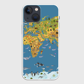Чехол для iPhone 13 mini с принтом Карта мира в Санкт-Петербурге,  |  | азия | акулы | америка | антарктида | бизон | волк | европа | животные | зебра | кабан | карта | киты | лама | лев | лось | материки | медведь | мира | моржи | моря | океаны | пингвины | птицы | реки | рыбы