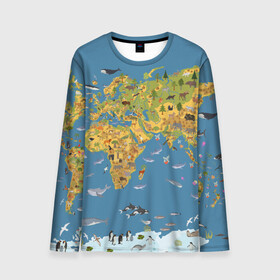 Мужской лонгслив 3D с принтом Карта мира в Санкт-Петербурге, 100% полиэстер | длинные рукава, круглый вырез горловины, полуприлегающий силуэт | Тематика изображения на принте: азия | акулы | америка | антарктида | бизон | волк | европа | животные | зебра | кабан | карта | киты | лама | лев | лось | материки | медведь | мира | моржи | моря | океаны | пингвины | птицы | реки | рыбы