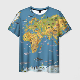 Мужская футболка 3D с принтом Карта мира в Санкт-Петербурге, 100% полиэфир | прямой крой, круглый вырез горловины, длина до линии бедер | азия | акулы | америка | антарктида | бизон | волк | европа | животные | зебра | кабан | карта | киты | лама | лев | лось | материки | медведь | мира | моржи | моря | океаны | пингвины | птицы | реки | рыбы