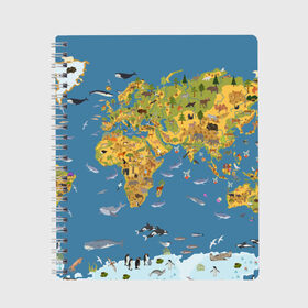 Тетрадь с принтом Карта мира в Санкт-Петербурге, 100% бумага | 48 листов, плотность листов — 60 г/м2, плотность картонной обложки — 250 г/м2. Листы скреплены сбоку удобной пружинной спиралью. Уголки страниц и обложки скругленные. Цвет линий — светло-серый
 | Тематика изображения на принте: азия | акулы | америка | антарктида | бизон | волк | европа | животные | зебра | кабан | карта | киты | лама | лев | лось | материки | медведь | мира | моржи | моря | океаны | пингвины | птицы | реки | рыбы