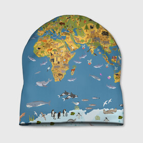 Шапка 3D с принтом Карта мира в Санкт-Петербурге, 100% полиэстер | универсальный размер, печать по всей поверхности изделия | Тематика изображения на принте: азия | акулы | америка | антарктида | бизон | волк | европа | животные | зебра | кабан | карта | киты | лама | лев | лось | материки | медведь | мира | моржи | моря | океаны | пингвины | птицы | реки | рыбы