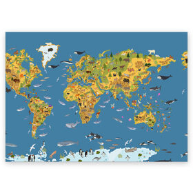 Поздравительная открытка с принтом Карта мира в Санкт-Петербурге, 100% бумага | плотность бумаги 280 г/м2, матовая, на обратной стороне линовка и место для марки
 | азия | акулы | америка | антарктида | бизон | волк | европа | животные | зебра | кабан | карта | киты | лама | лев | лось | материки | медведь | мира | моржи | моря | океаны | пингвины | птицы | реки | рыбы