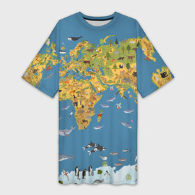 Платье-футболка 3D с принтом Карта мира в Санкт-Петербурге,  |  | азия | акулы | америка | антарктида | бизон | волк | европа | животные | зебра | кабан | карта | киты | лама | лев | лось | материки | медведь | мира | моржи | моря | океаны | пингвины | птицы | реки | рыбы