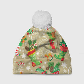 Шапка 3D c помпоном с принтом Merry christmas! в Санкт-Петербурге, 100% полиэстер | универсальный размер, печать по всей поверхности изделия | бежевый | ветки | графика | ёлка | ёлочные | ель | зима | игрушки | иллюстрация | картинка | колокольчики | мода | мороз | новый год | орнамент | подарки | праздник | рисунок | рождество | снег | снежинки
