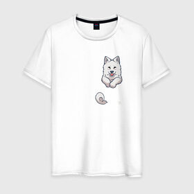 Мужская футболка хлопок с принтом Песик в Кармане в Санкт-Петербурге, 100% хлопок | прямой крой, круглый вырез горловины, длина до линии бедер, слегка спущенное плечо. | Тематика изображения на принте: anime | dog | happy | kawaii | акита | аниме | белый | милый | мимими | овчарка | пес | плюшевый | пушистик | самоед | собака | собакен | счастливый | щенок