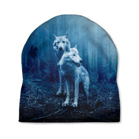 Шапка 3D с принтом Волки в Санкт-Петербурге, 100% полиэстер | универсальный размер, печать по всей поверхности изделия | hunter | wolf | вой | волк | волчица | дикие | дикий | дремучий | животные | зверь | лес | луна | мгла | новинка | ночь | одинокий волк | одиночка | оскал | охотник | пара волков | седые | серый волк | синяя | стая
