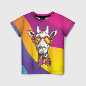 Детская футболка 3D с принтом Праздничный жираф в Санкт-Петербурге, 100% гипоаллергенный полиэфир | прямой крой, круглый вырез горловины, длина до линии бедер, чуть спущенное плечо, ткань немного тянется | бабочка | животное | жираф | модный | очки | праздничный | рожки | сердечки | хипстер | шея