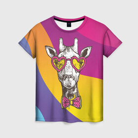 Женская футболка 3D с принтом Праздничный жираф в Санкт-Петербурге, 100% полиэфир ( синтетическое хлопкоподобное полотно) | прямой крой, круглый вырез горловины, длина до линии бедер | бабочка | животное | жираф | модный | очки | праздничный | рожки | сердечки | хипстер | шея