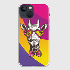 Чехол для iPhone 13 mini с принтом Праздничный жираф в Санкт-Петербурге,  |  | бабочка | животное | жираф | модный | очки | праздничный | рожки | сердечки | хипстер | шея
