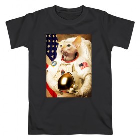 Мужская футболка хлопок с принтом Cat Astronaut в Санкт-Петербурге, 100% хлопок | прямой крой, круглый вырез горловины, длина до линии бедер, слегка спущенное плечо. | nasa | space | америка | армстронг | астронавт | вселенная | киса | киска | космонавт | космос | кот | котейка | котенок | котэ | котя | кошка | лысый | полет | сфинкс