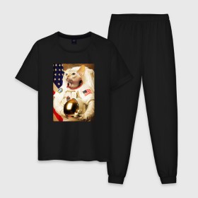 Мужская пижама хлопок с принтом Cat Astronaut в Санкт-Петербурге, 100% хлопок | брюки и футболка прямого кроя, без карманов, на брюках мягкая резинка на поясе и по низу штанин
 | nasa | space | америка | армстронг | астронавт | вселенная | киса | киска | космонавт | космос | кот | котейка | котенок | котэ | котя | кошка | лысый | полет | сфинкс