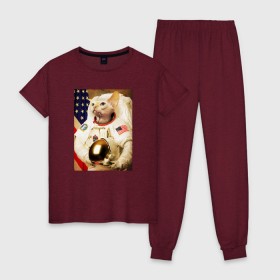 Женская пижама хлопок с принтом Cat Astronaut в Санкт-Петербурге, 100% хлопок | брюки и футболка прямого кроя, без карманов, на брюках мягкая резинка на поясе и по низу штанин | nasa | space | америка | армстронг | астронавт | вселенная | киса | киска | космонавт | космос | кот | котейка | котенок | котэ | котя | кошка | лысый | полет | сфинкс