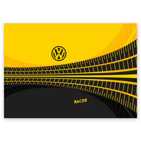 Поздравительная открытка с принтом Volkswagen в Санкт-Петербурге, 100% бумага | плотность бумаги 280 г/м2, матовая, на обратной стороне линовка и место для марки
 | Тематика изображения на принте: racer | авто | автолюбитель. volkswagen | гонщик | желто черная | колесо | машина | след | фольксваген | шина