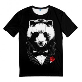 Мужская футболка 3D с принтом Медведь авторитет в Санкт-Петербурге, 100% полиэфир | прямой крой, круглый вырез горловины, длина до линии бедер | authority | bear | go | авторитет | аль капоне | бабочка | в носу | взгляд | галстук | графика | дикий | животное | иллюстрация | картинка | кольцо | костюм | красная | крестный | мафия | медведь | мода | отец