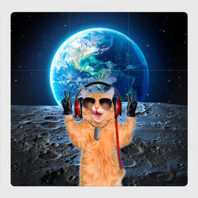 Магнитный плакат 3Х3 с принтом Кот на луне в Санкт-Петербурге, Полимерный материал с магнитным слоем | 9 деталей размером 9*9 см | cat | астрономия | в космосе | в наушниках | в очках | грозовой кошак | животные | звезды | земля | илон маск | космическая | космонавт | космос | кот | котейка | котики | луна | луноход | на фоне земли